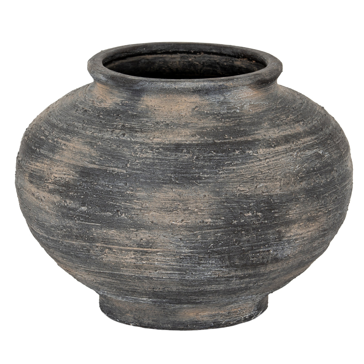 Marra Squat Vase with a broad dark ceramic body, short rim and weathered horizontal texture