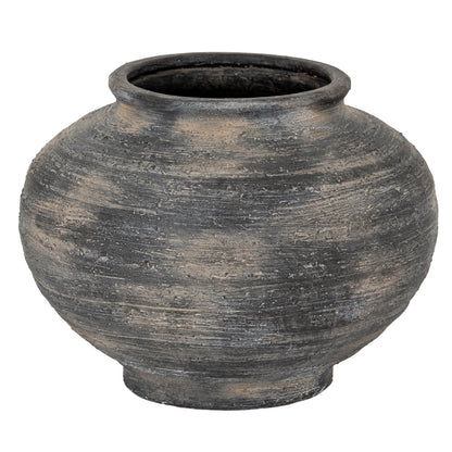 Marra Squat Vase with a broad dark ceramic body, short rim and weathered horizontal texture