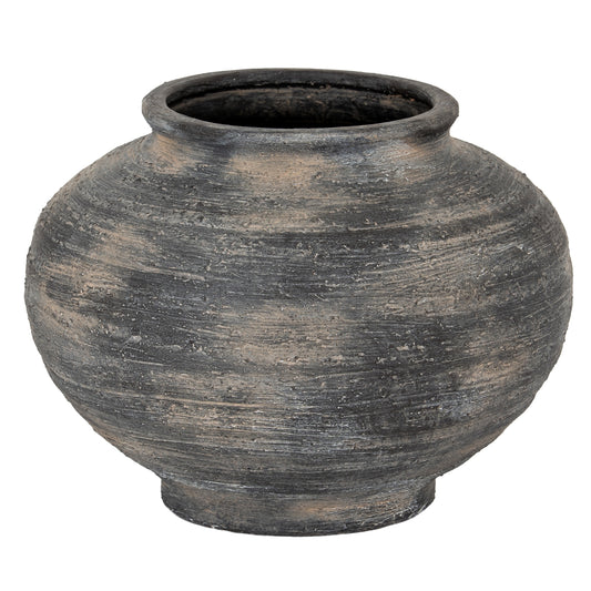 Marra Squat Vase with a broad dark ceramic body, short rim and weathered horizontal texture
