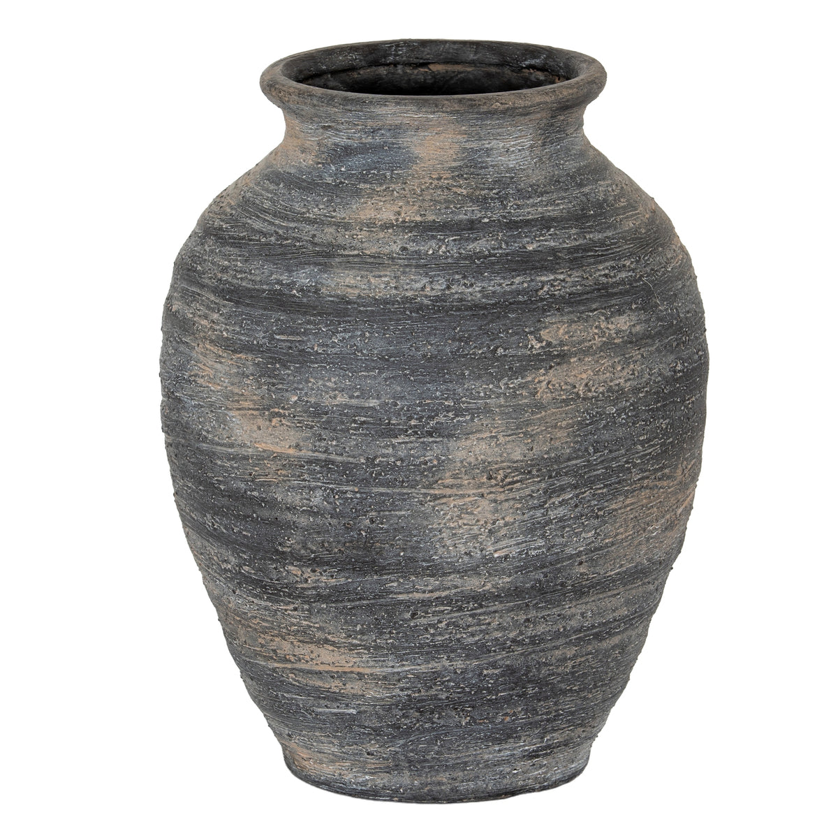Marra Large Olpe Vase with rounded shoulders, a tapered dark ceramic body and weathered finish