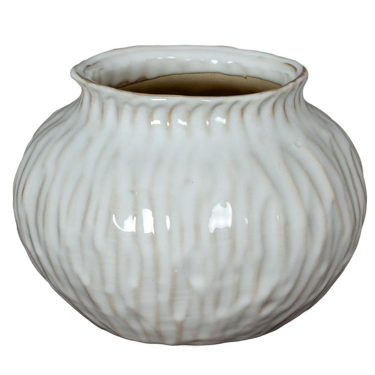 Numa Squat Vase with a low rounded white ceramic body and soft vertical grooves
