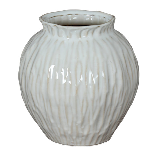 Numa Round Vase with a full white ceramic body, gently flared rim and vertical grooves