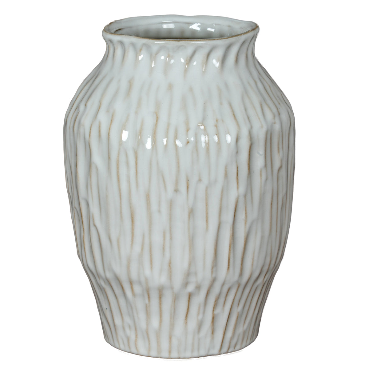 Numa Olpe Vase with a tapered white ceramic body, rounded shoulders and vertical grooves