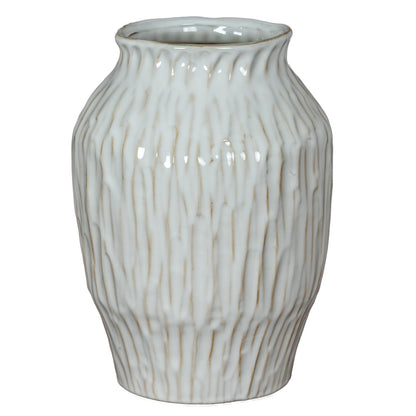Numa Olpe Vase with a tapered white ceramic body, rounded shoulders and vertical grooves