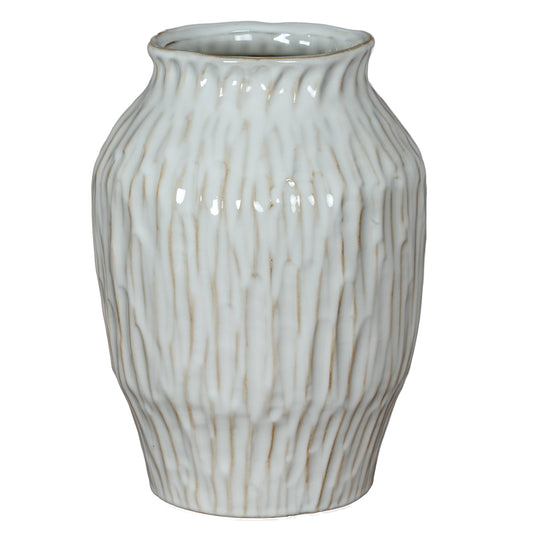 Numa Olpe Vase with a tapered white ceramic body, rounded shoulders and vertical grooves
