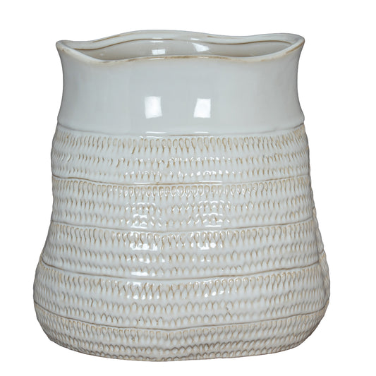 Tava Hewn Bud Vase with a white glazed body, textured horizontal bands and irregular rim