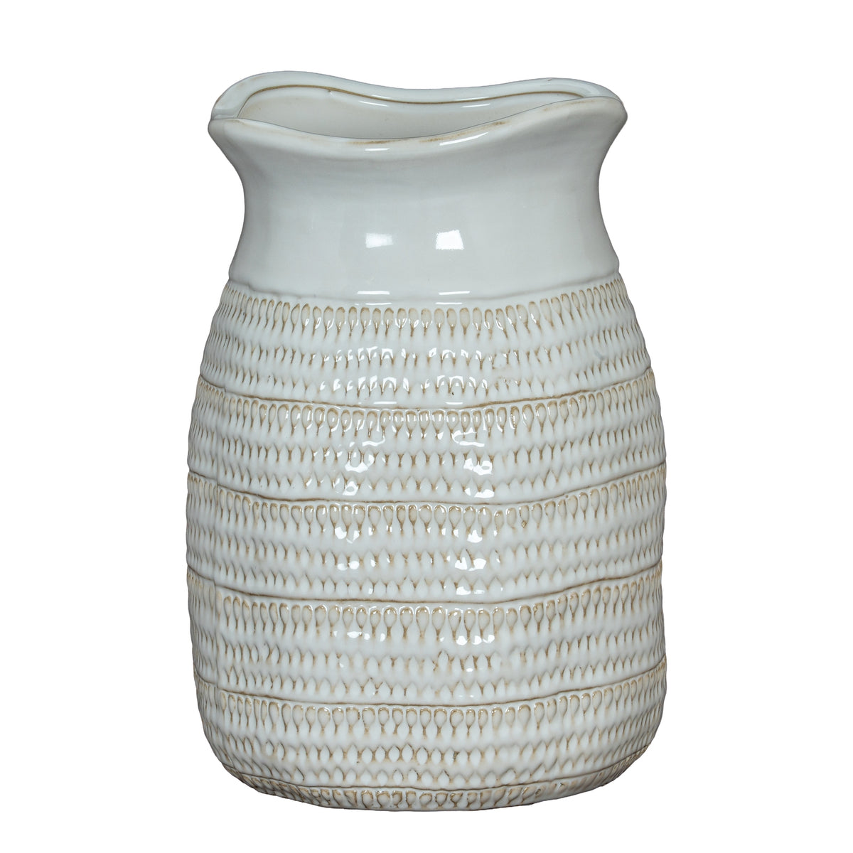 Tava Medium Hewn Vase with an upright white ceramic body and patterned horizontal bands