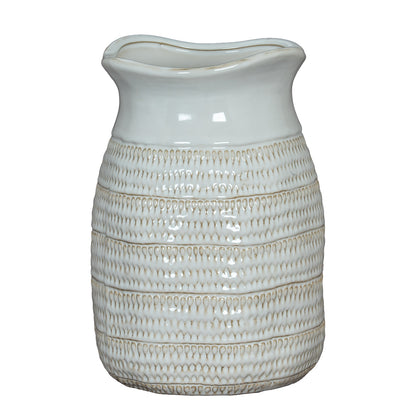 Tava Medium Hewn Vase with an upright white ceramic body and patterned horizontal bands