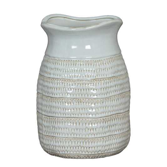 Tava Medium Hewn Vase with an upright white ceramic body and patterned horizontal bands