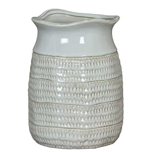 Tava Cylinder Hewn Vase with an upright white ceramic body, textured bands and wavy rim