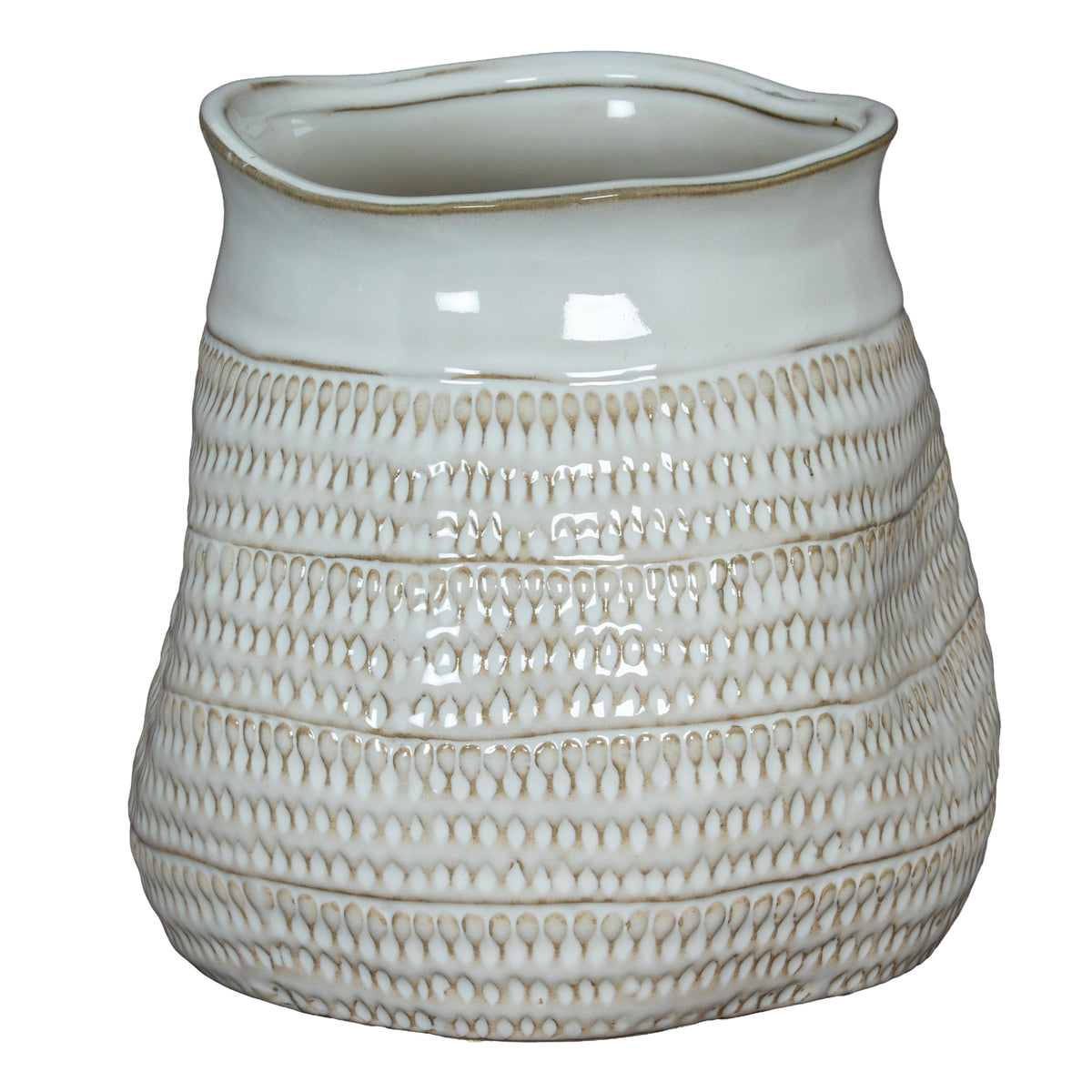 Tava Wide Hewn Vase with a broad white ceramic body and rows of textured horizontal bands