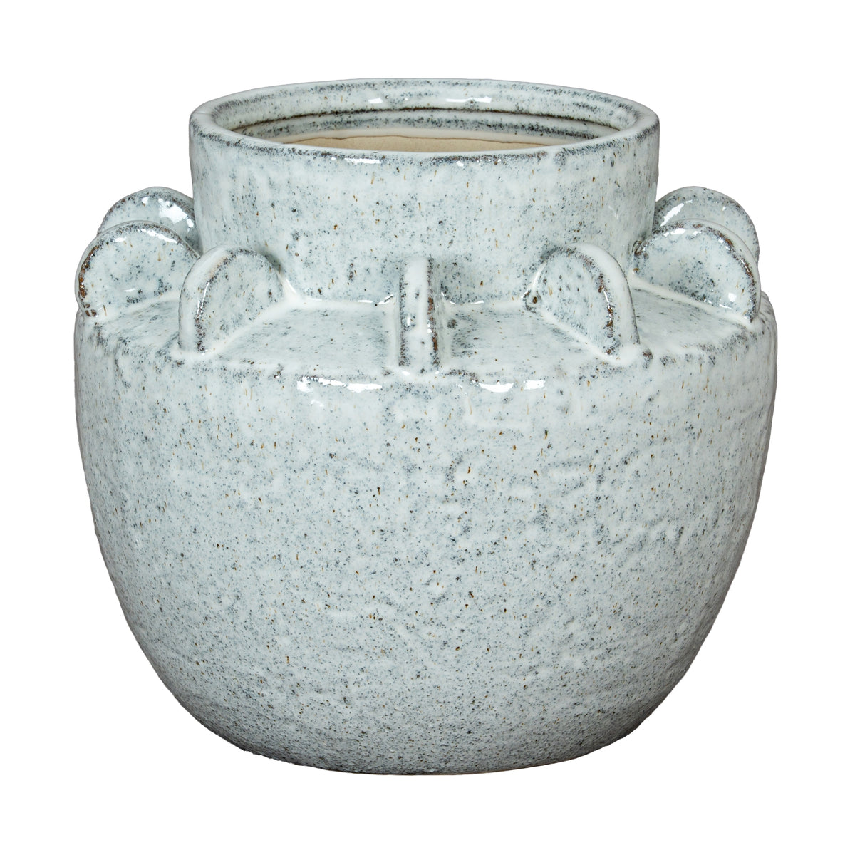 Dara Medium Hydria Vase with a rounded white speckled ceramic body and raised loops around the shoulders