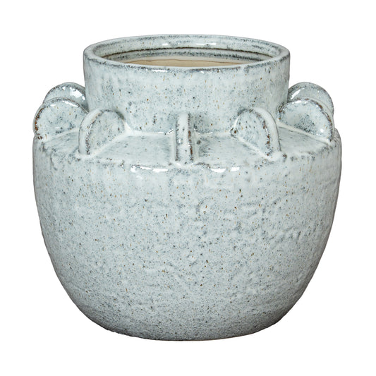 Dara Medium Hydria Vase with a rounded white speckled ceramic body and raised loops around the shoulders