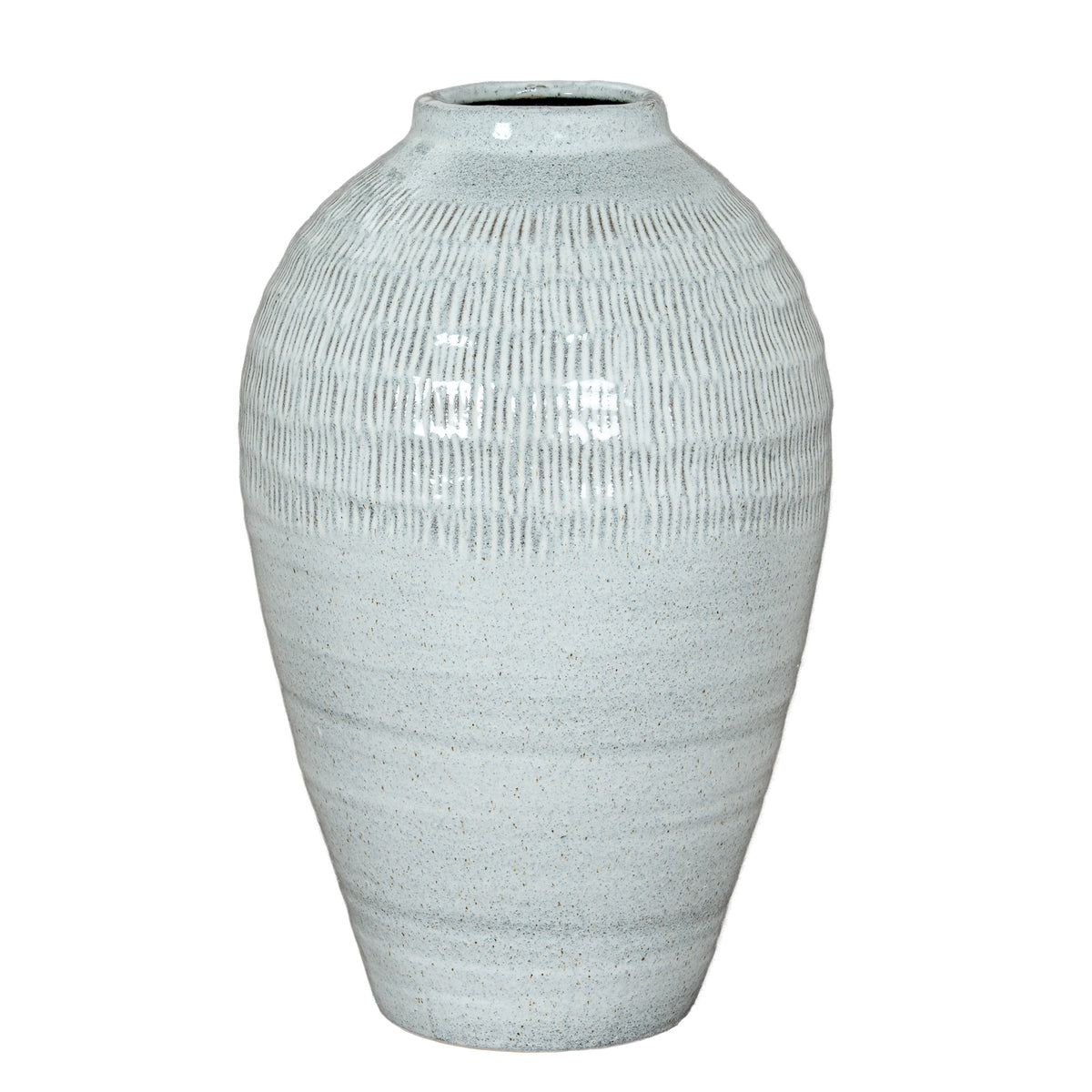 Kemi Medium Olpe Vase with a tapered white speckled body and fine vertical lines around the shoulders
