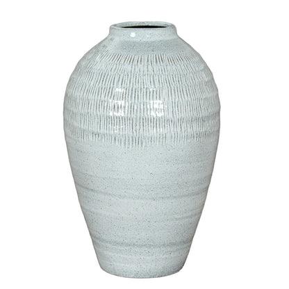 Kemi Medium Olpe Vase with a tapered white speckled body and fine vertical lines around the shoulders
