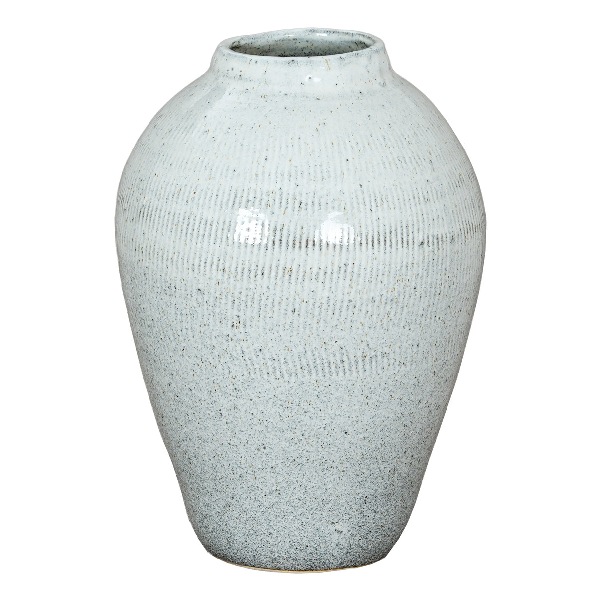 Kemi Large Olpe Vase with broad shoulders, a tapered white ceramic body and dark speckling