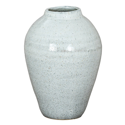Kemi Large Olpe Vase with broad shoulders, a tapered white ceramic body and dark speckling