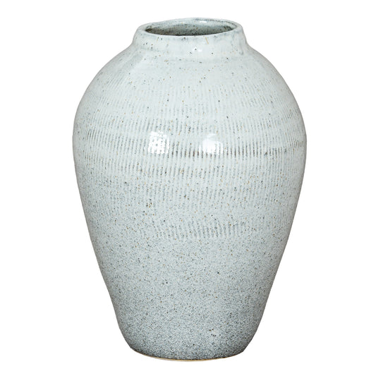 Kemi Large Olpe Vase with broad shoulders, a tapered white ceramic body and dark speckling