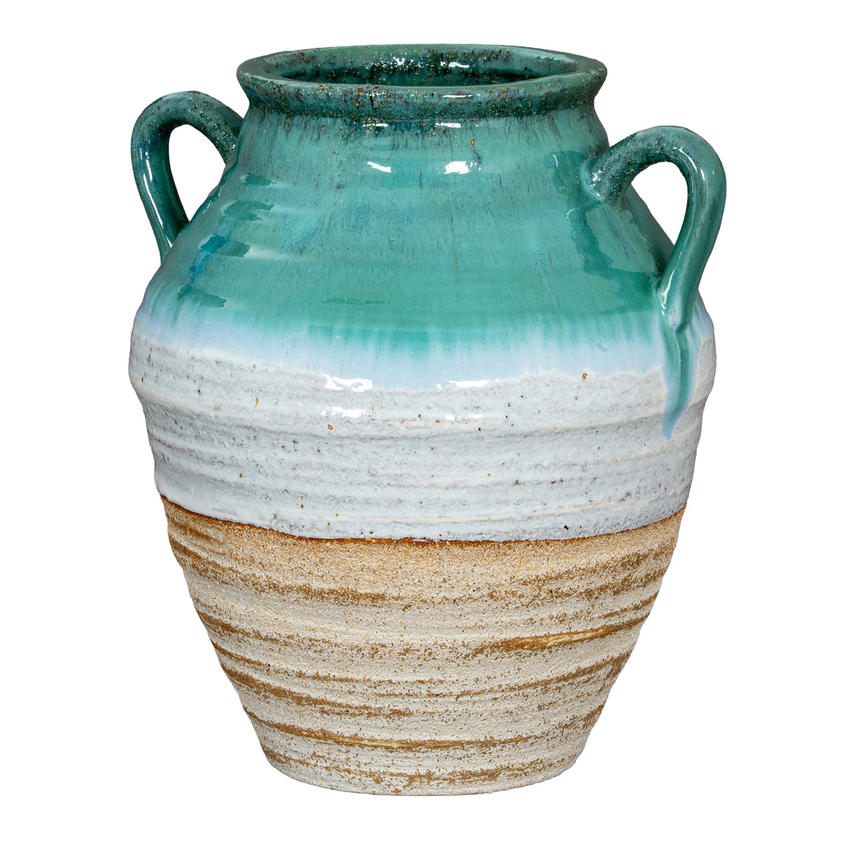 Fen Amphora Vase with two handles, turquoise-green shoulders, a white band and textured earthy base