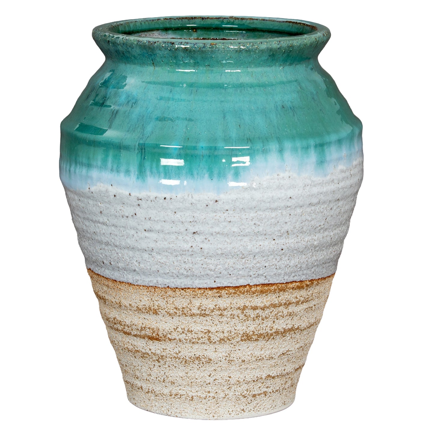Fen Olpe Vase, large teal and sandy beige ridged ceramic vase, decorative textured pottery, contemporary home decor UK