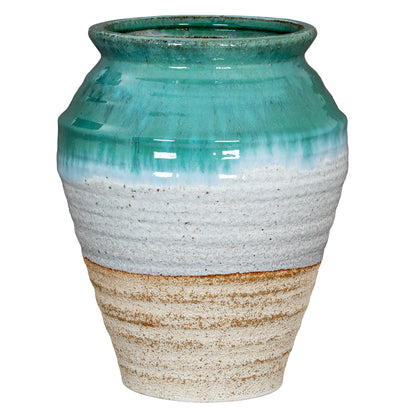 Fen Olpe Vase, large teal and sandy beige ridged ceramic vase, decorative textured pottery, contemporary home decor UK