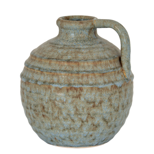 Capella Krater Jug Vase with a rounded body, curved handle and mottled grey ceramic finish