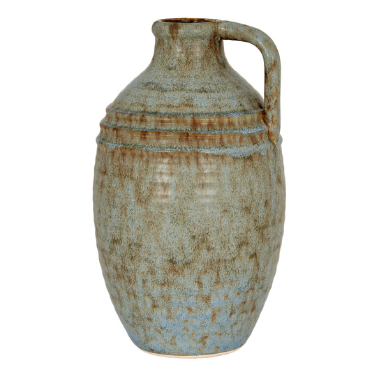 Capella Krater Bottle Vase with a curved handle, raised bands and mottled grey-earthy finish