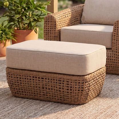 Bloom Collection outdoor rattan footstool with beige cushion, weather-resistant wicker garden furniture, patio ottoman