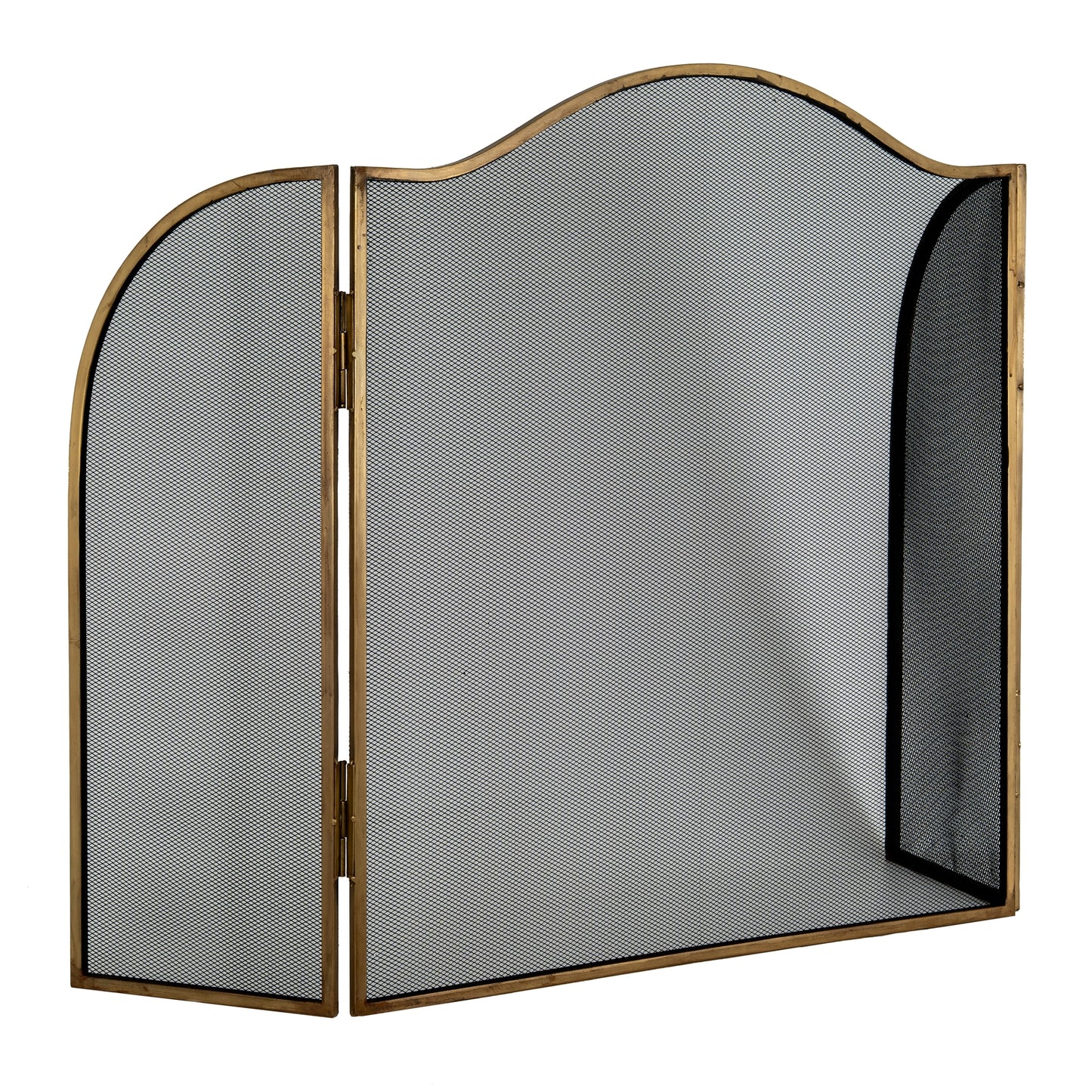 Antiqued brass large three-panel arched mesh fire screen with aged brass frame — large fireguard for open fireplace — Xquisite By Design