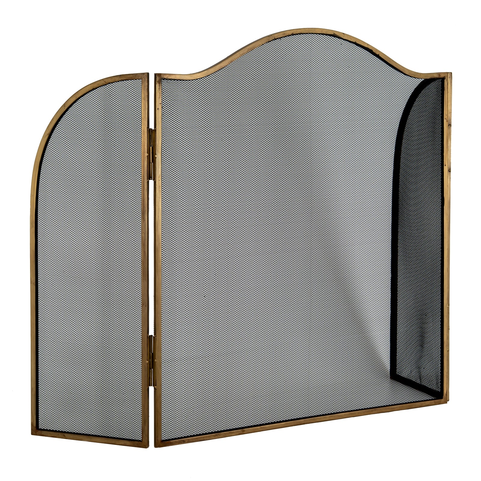 Antiqued brass large three-panel arched mesh fire screen with aged brass frame — large fireguard for open fireplace — Xquisite By Design