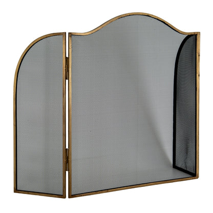 Antiqued brass large three-panel arched mesh fire screen with aged brass frame — large fireguard for open fireplace — Xquisite By Design