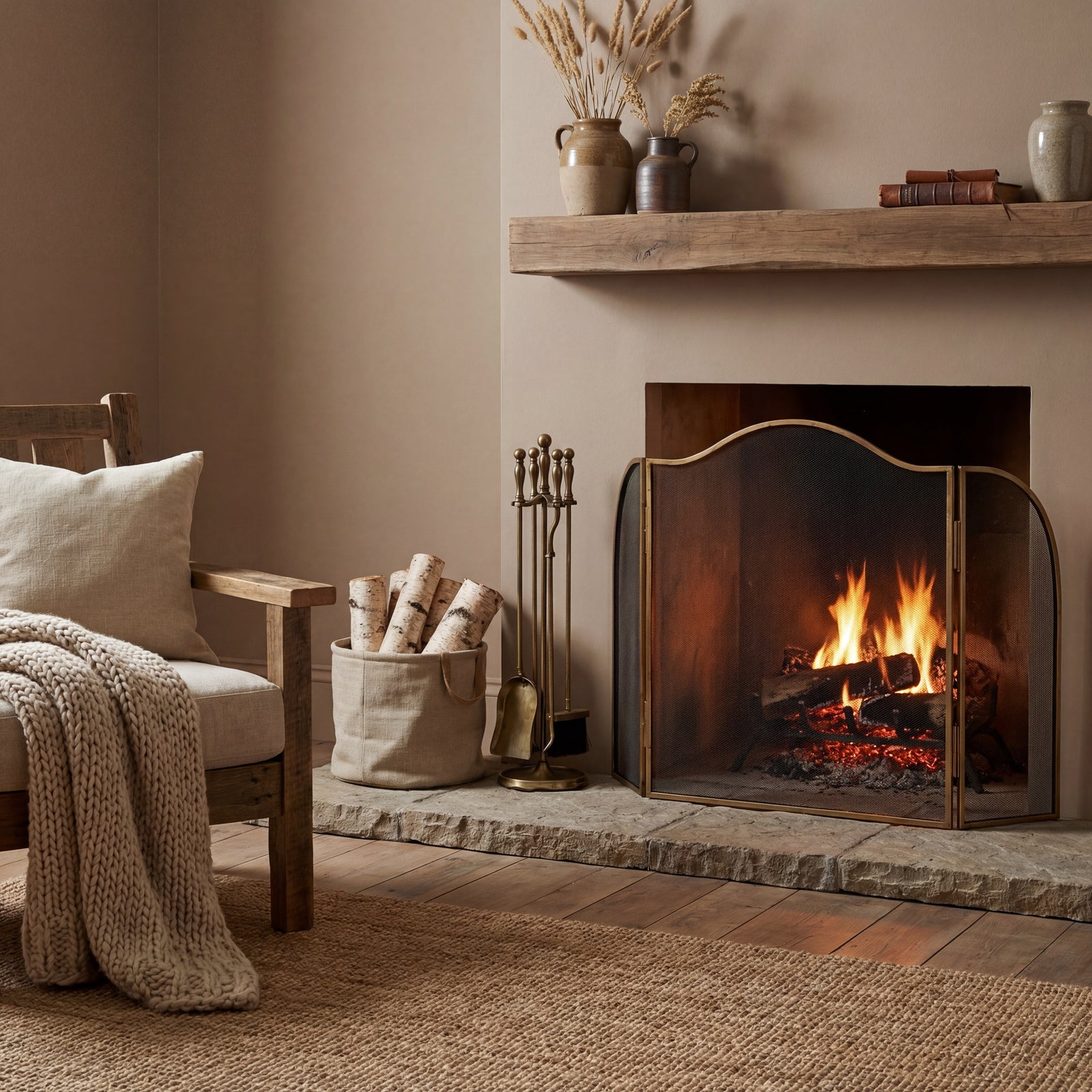 Antiqued brass large fire screen with arched mesh panels in front of a lit fireplace in a warm neutral living room — Xquisite By Design