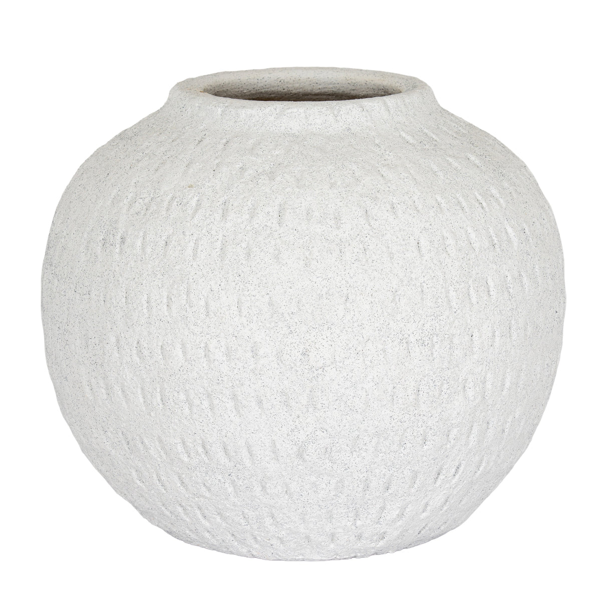 Ashen Large Round Vase with a broad rounded body and textured white ceramic finish