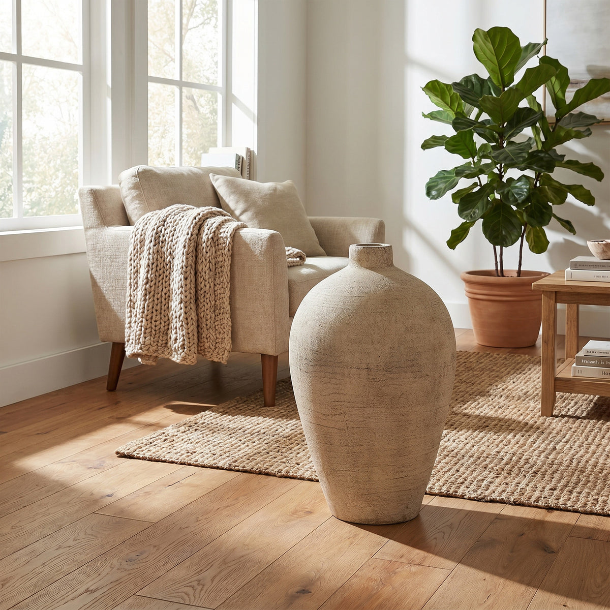 Morrow Large Vase styled on a wooden floor beside a pale armchair