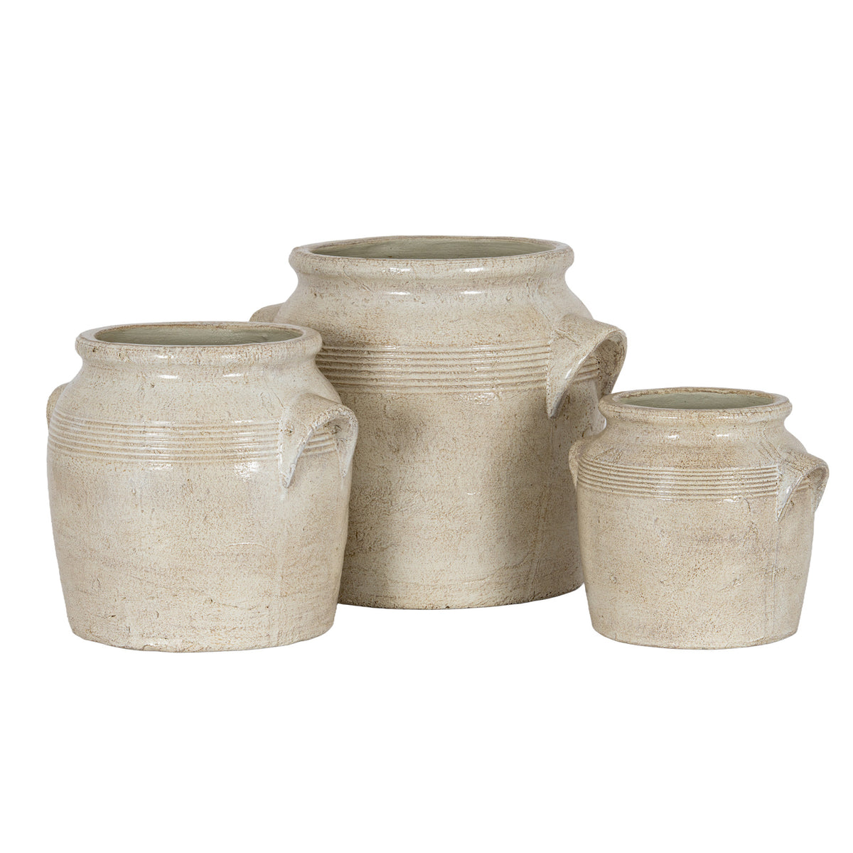 Tarn Collection pots shown in three sizes, with the large handled pot at the centre