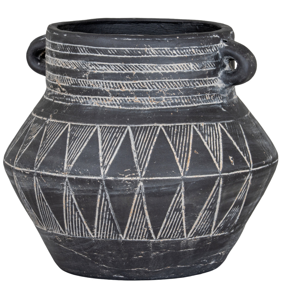 Etched Collection Tall Pot With Handle in black ceramic with pale geometric markings and small loop handles