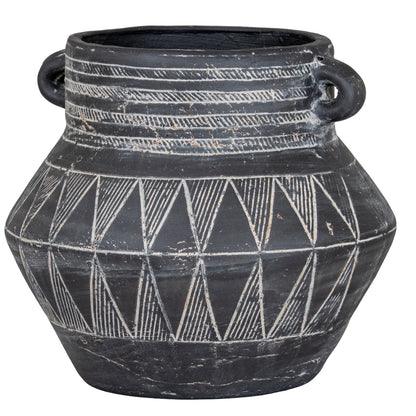 Etched Collection Tall Pot With Handle in black ceramic with pale geometric markings and small loop handles