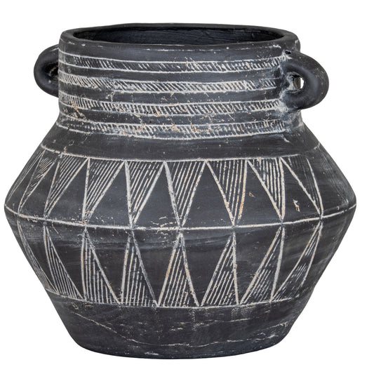 Etched Collection Tall Pot With Handle in black ceramic with pale geometric markings and small loop handles