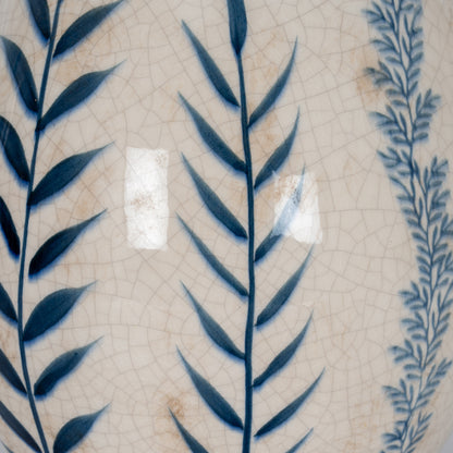 Blue Flora jug vases displayed together with their coordinating botanical decoration