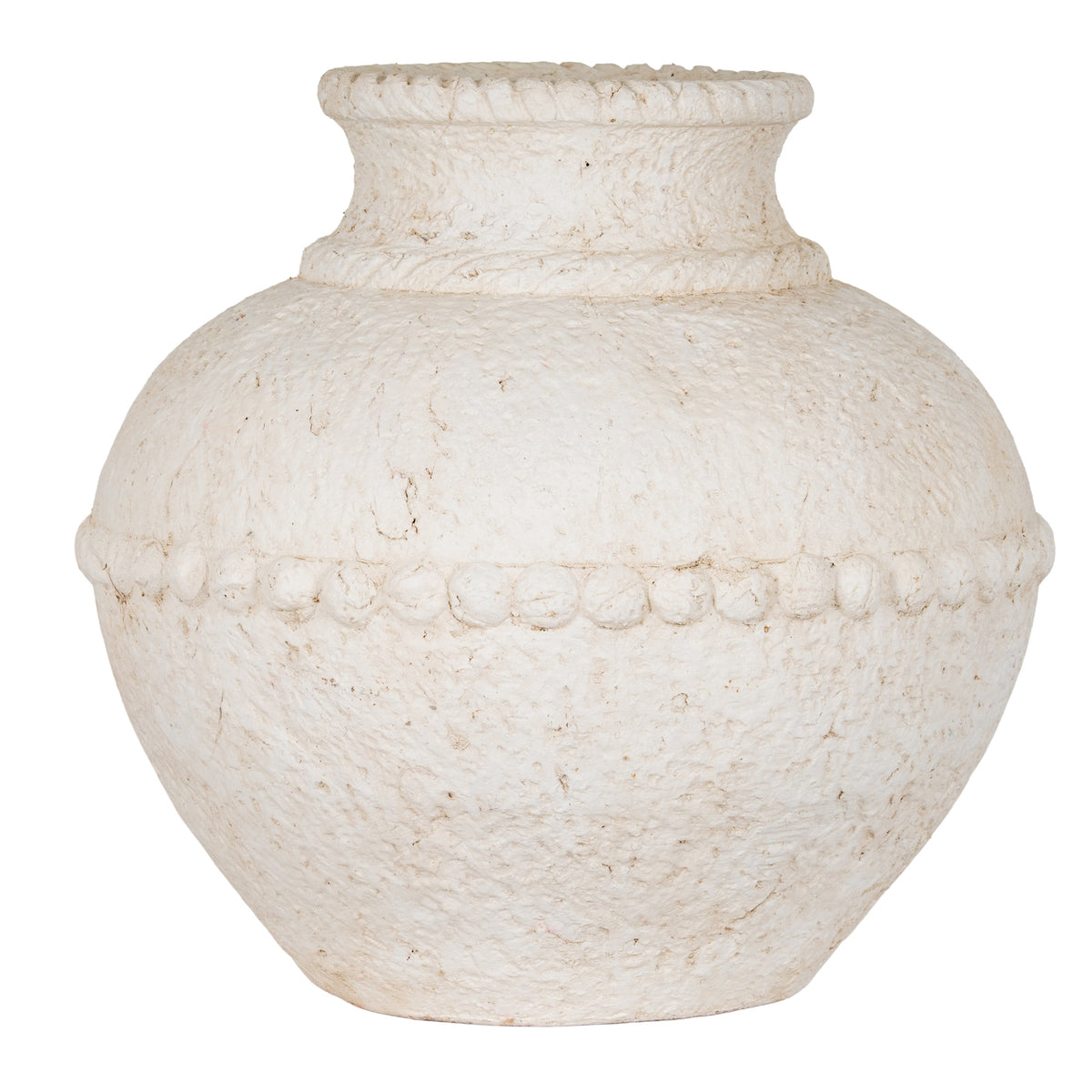 Large Olympia Terracotta Vase with a rounded pale textured body and raised decorative bands