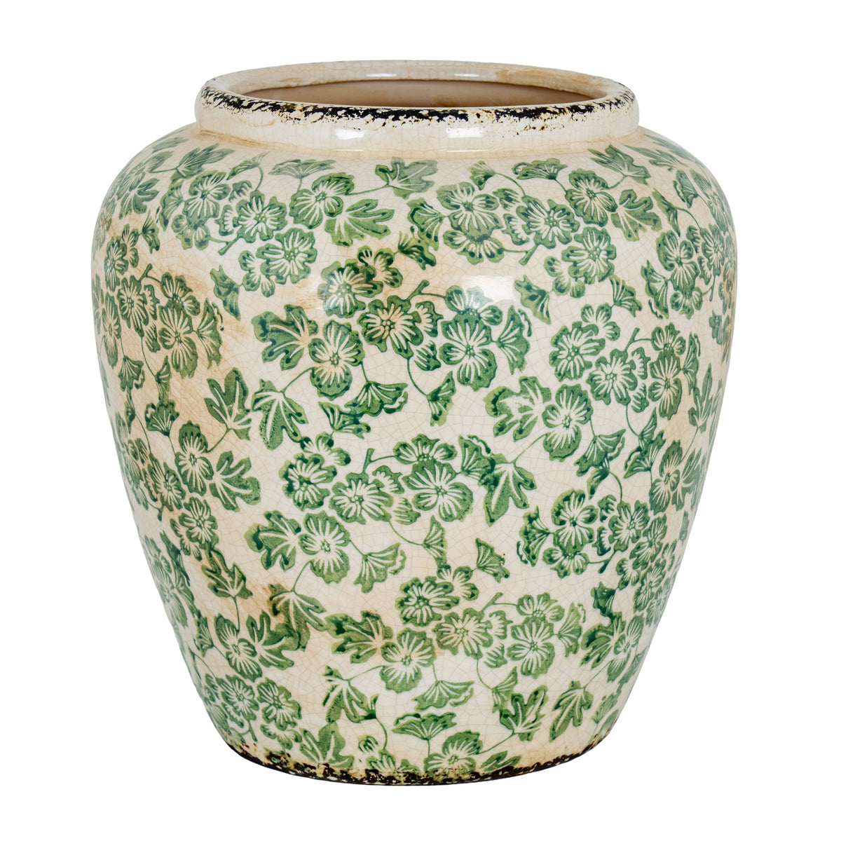 Large Green Clover Olpe Vase with rounded shoulders and green floral decoration on pale ceramic