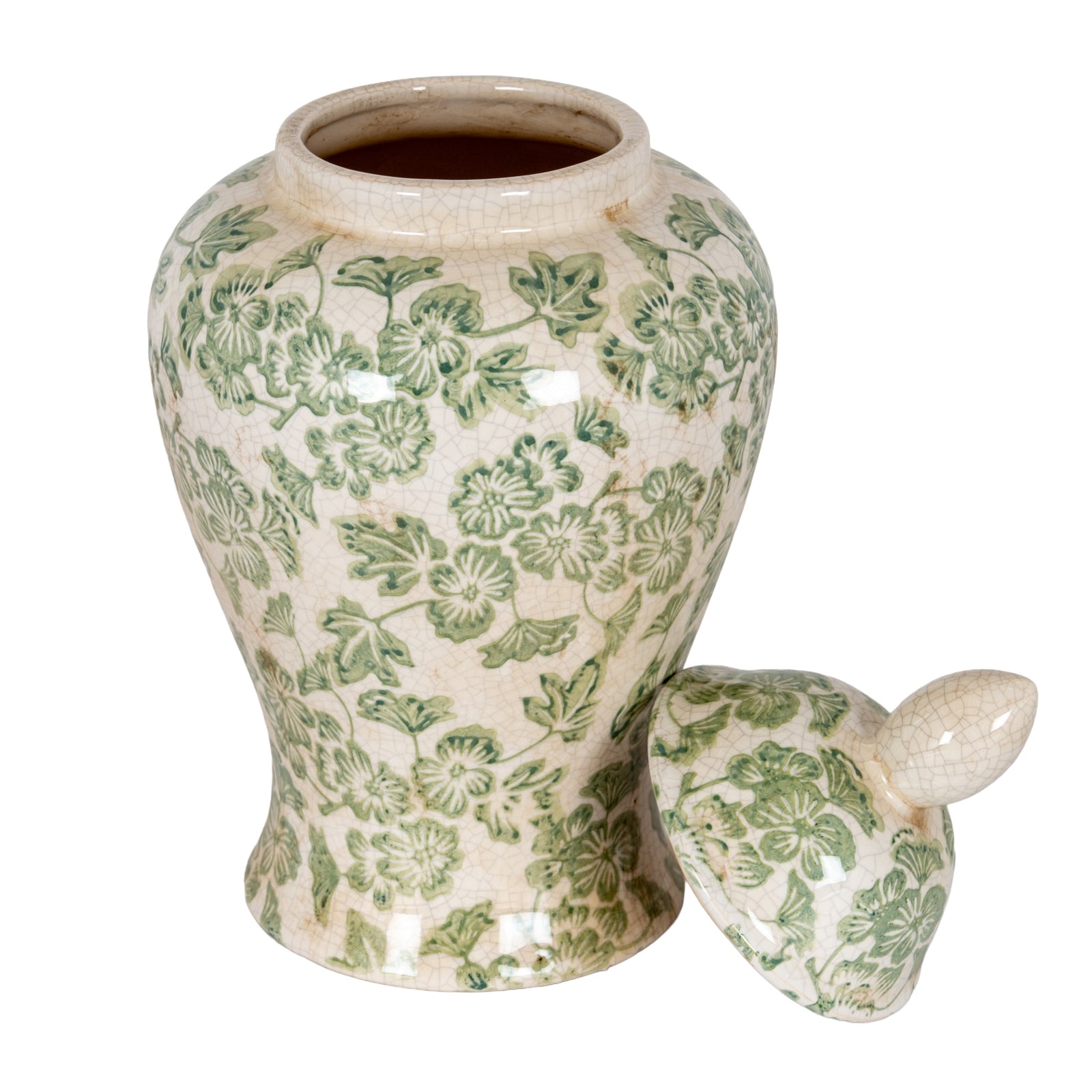 Green Clover Ceramic Ginger Jar with floral clover pattern and lid, decorative botanical ceramic vase, home decor ornament UK