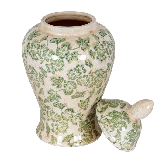 Green Clover Ceramic Ginger Jar with floral clover pattern and lid, decorative botanical ceramic vase, home decor ornament UK