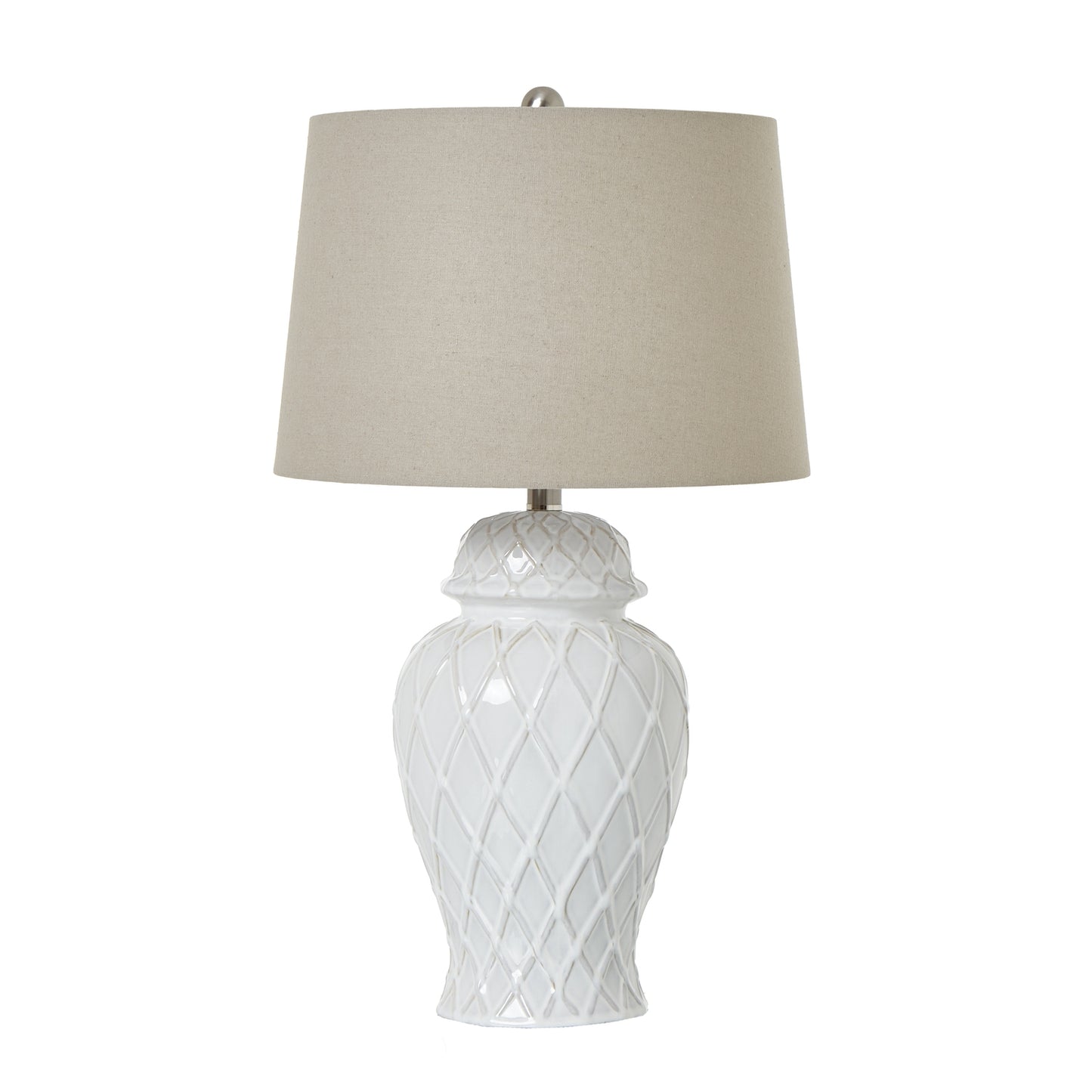 White Ceramic Ginger Jar Lamp with a textured diamond pattern and beige Linen Shade