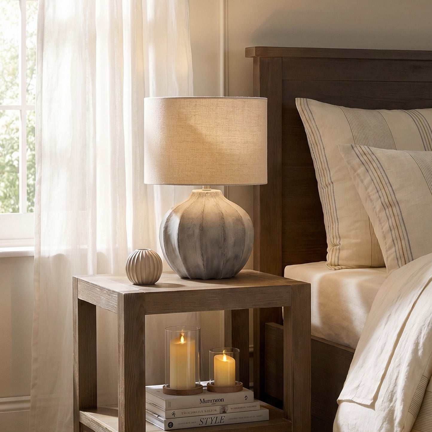 Handcrafted Antique White washed stone  coloured Flute Lamp  with neutral shade. UK delivery