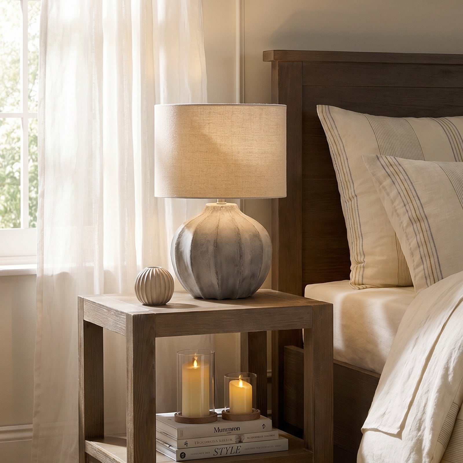 Handcrafted Antique White washed stone  coloured Flute Lamp  with neutral shade. UK delivery