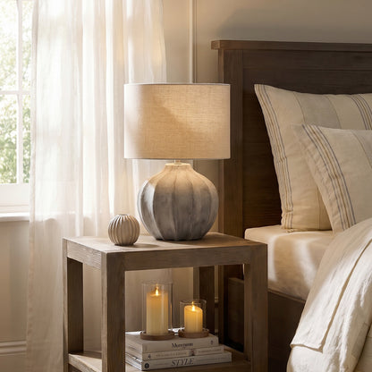 Handcrafted Antique White washed stone  coloured Flute Lamp  with neutral shade. UK delivery