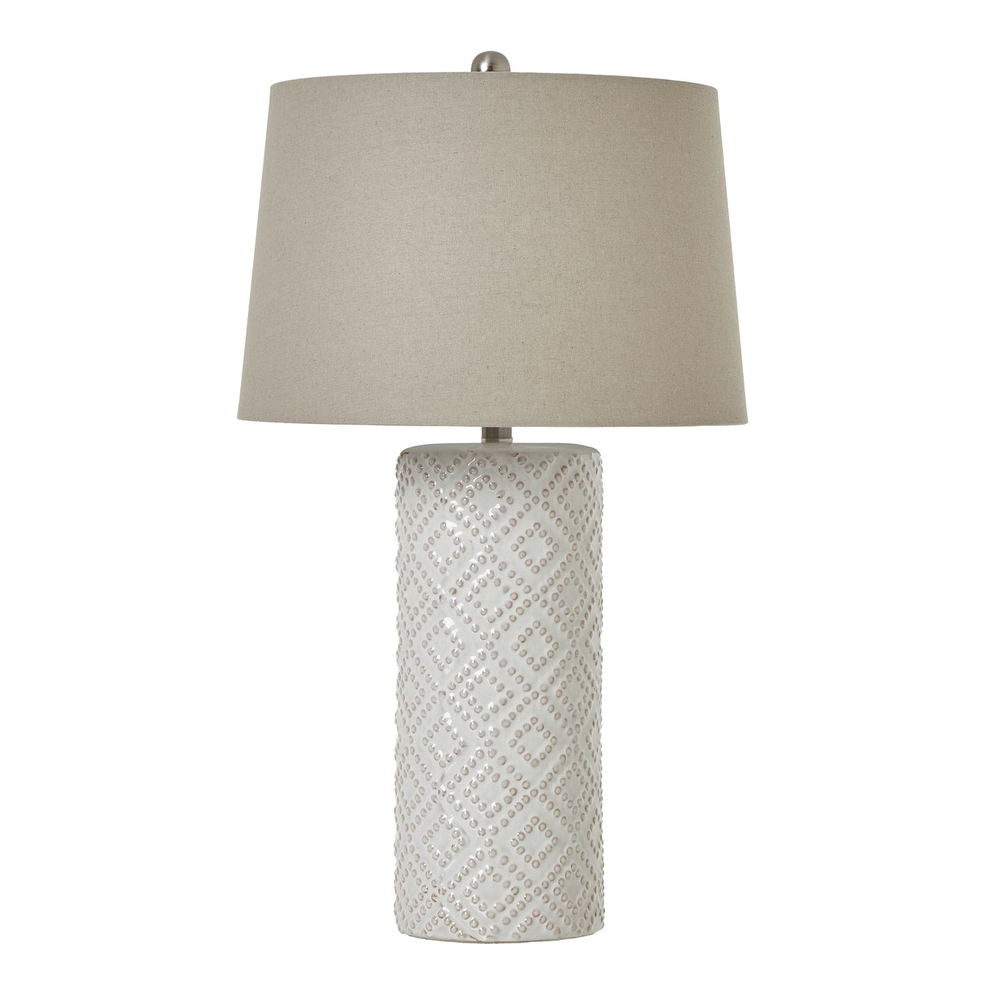 White Beaded Ceramic Lamp with beige brown linen shade