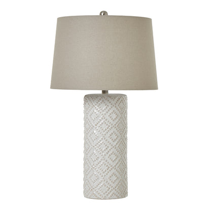 White Beaded Ceramic Lamp with beige brown linen shade