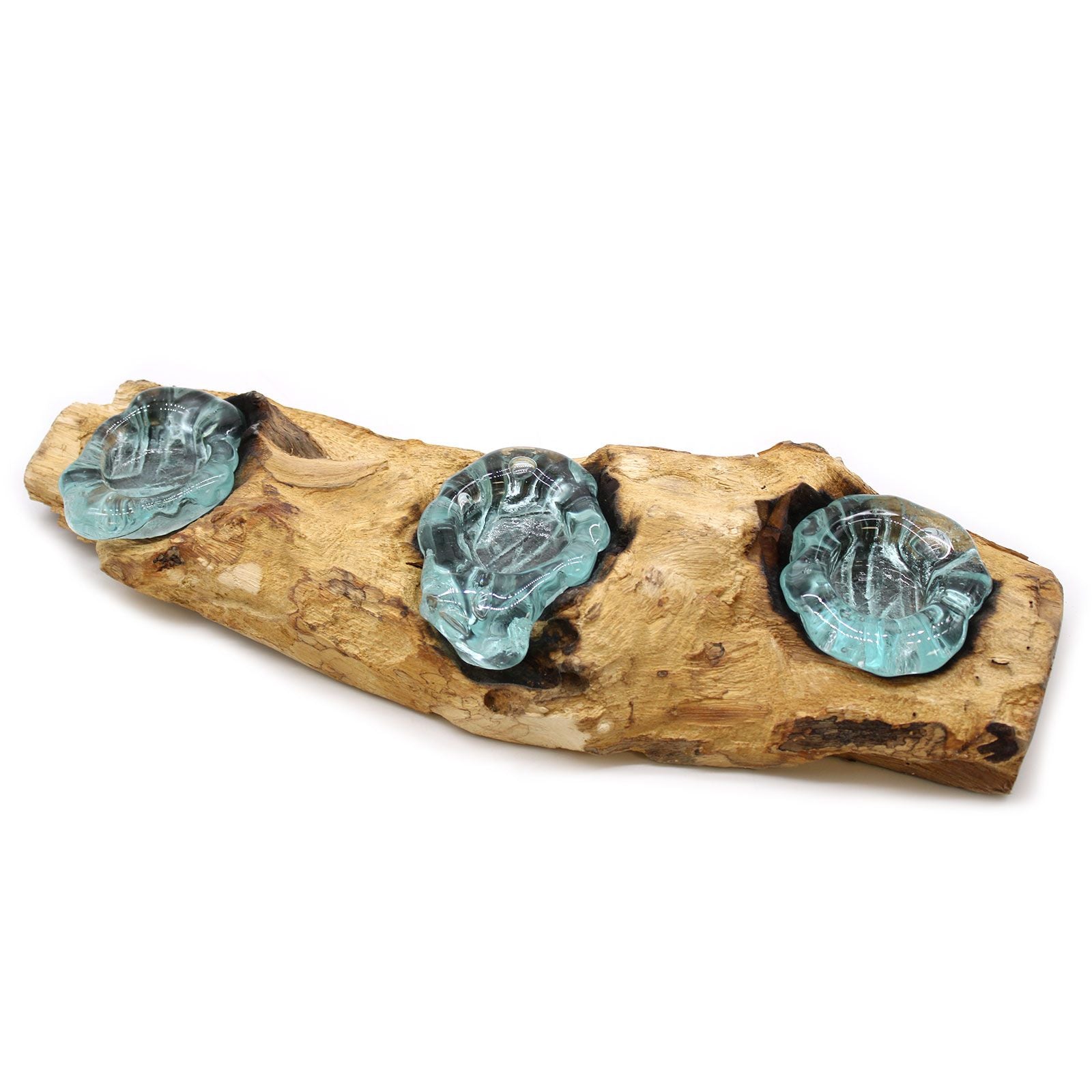 Molton Glass Flat Triple Candle Holder on Wood - Image molton-glass-flat-triple-candle-holder-on-wood-mgw-27